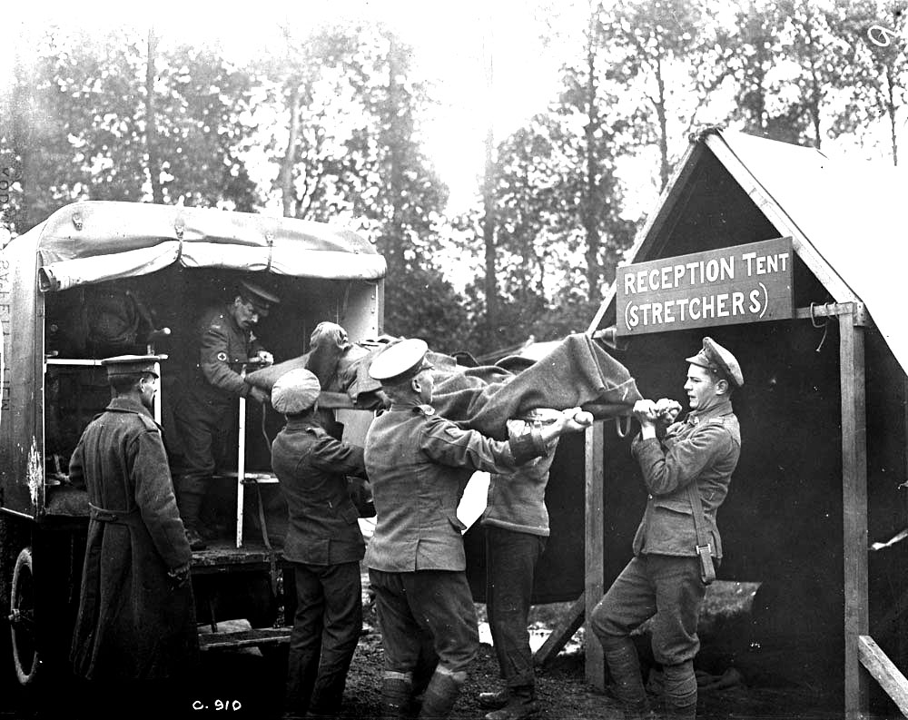 Wounded Canadian being carried into the receiving room at a Can